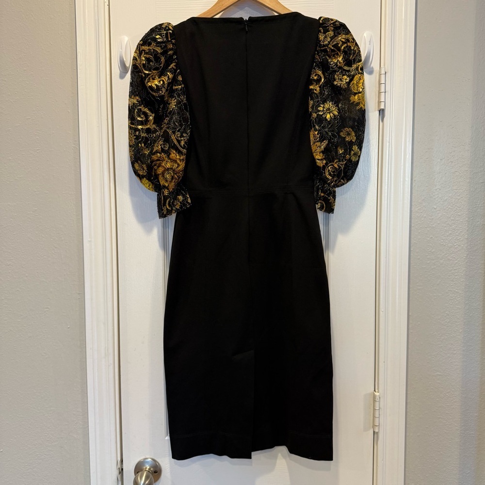 Versace Jeans Couture Midi Dress Women’s 4 Black Gold Puff Sleeves Bodycon Luxe - Picture 3 of 13